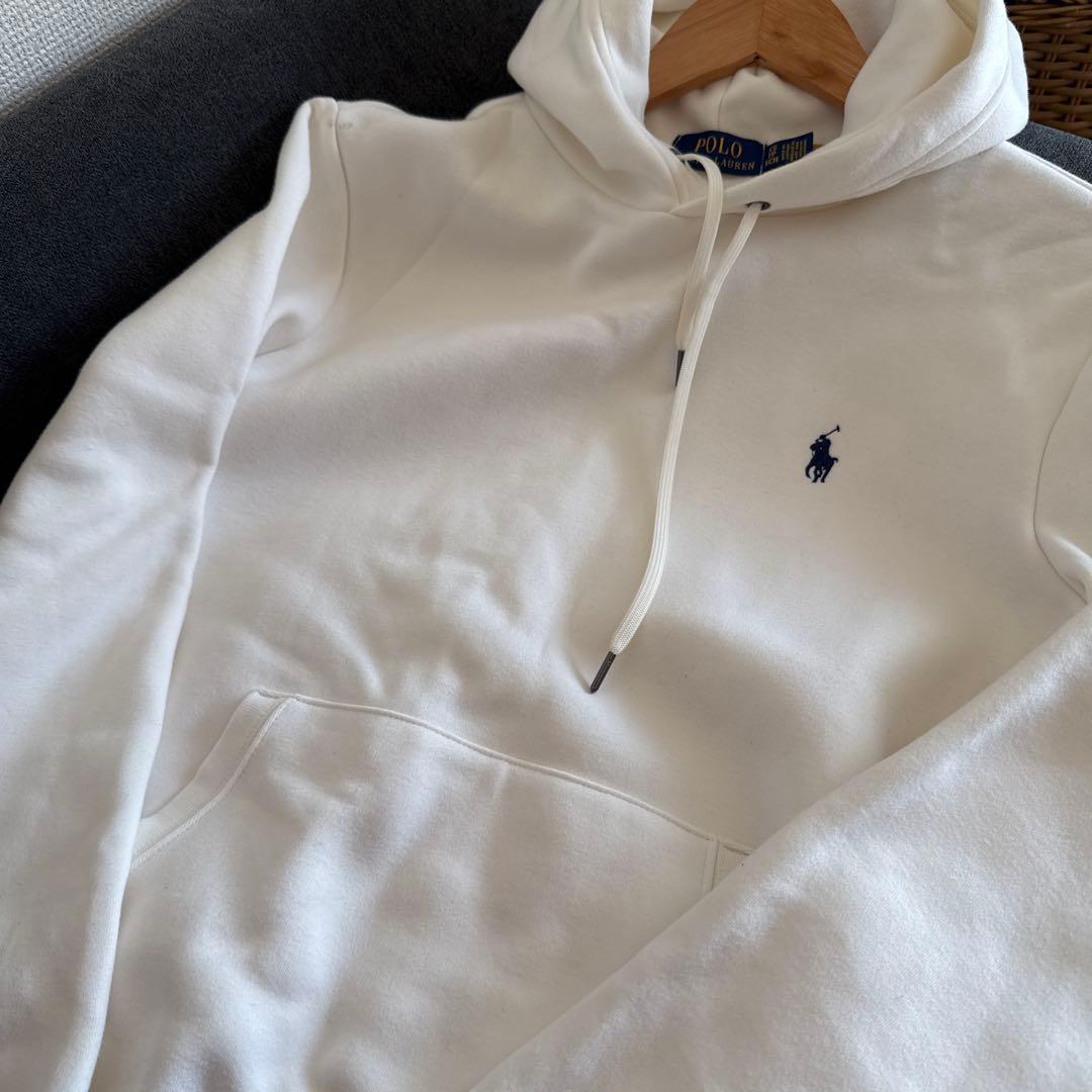ホワイト パーカー フード付き ポロ刺繍