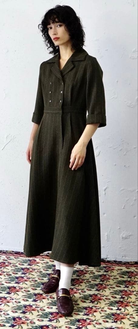 美品foufou フーフー オープンカラーヘリンボーンワンピース1