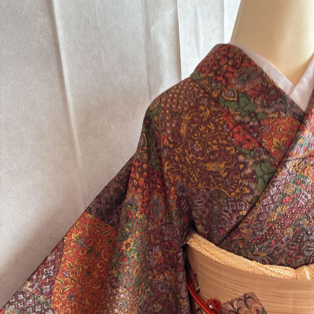 小紋　フルセット　着物　正絹　更紗　普段着物　深みカラー　大人シック　J1