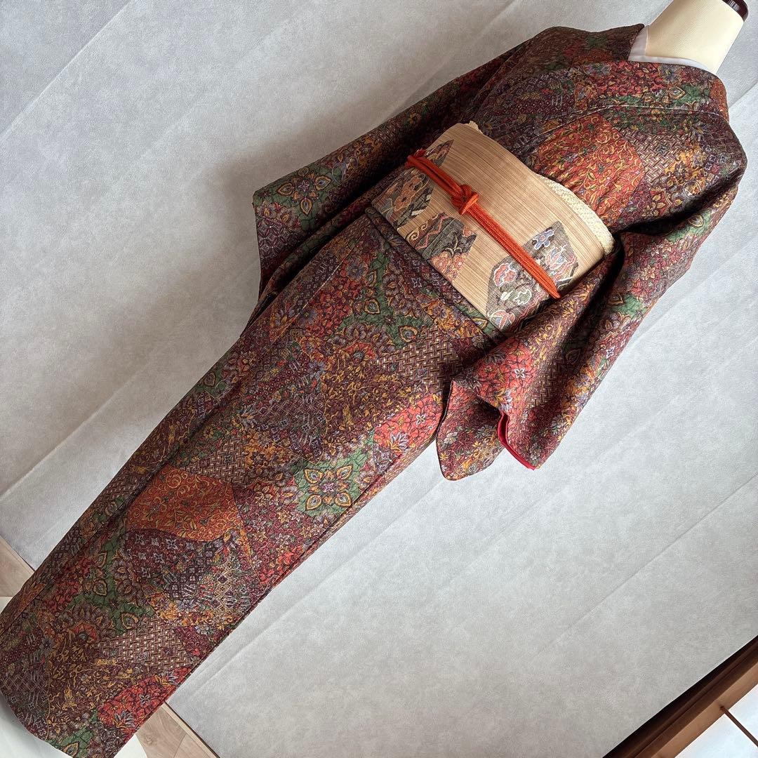 小紋　フルセット　着物　正絹　更紗　普段着物　深みカラー　大人シック　J1