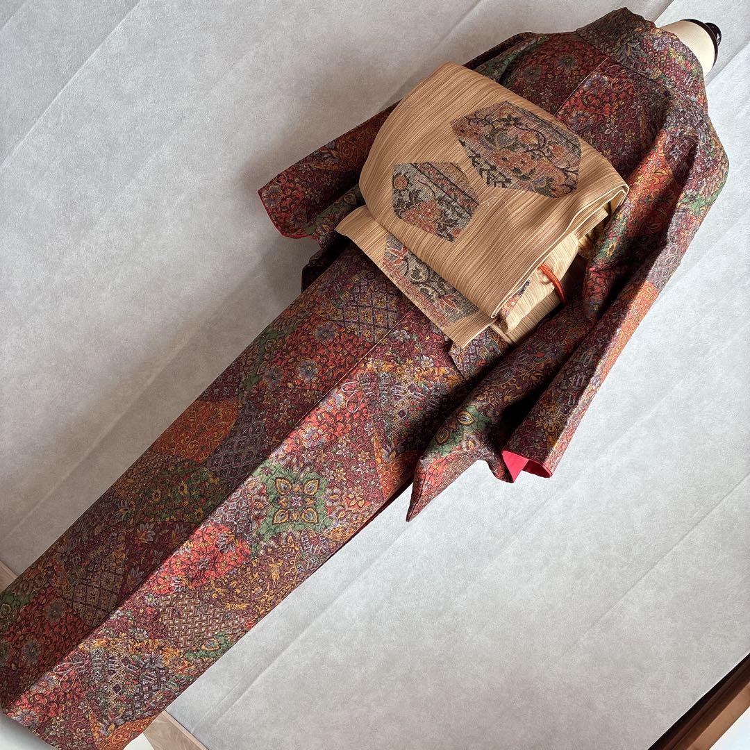 小紋　フルセット　着物　正絹　更紗　普段着物　深みカラー　大人シック　J1