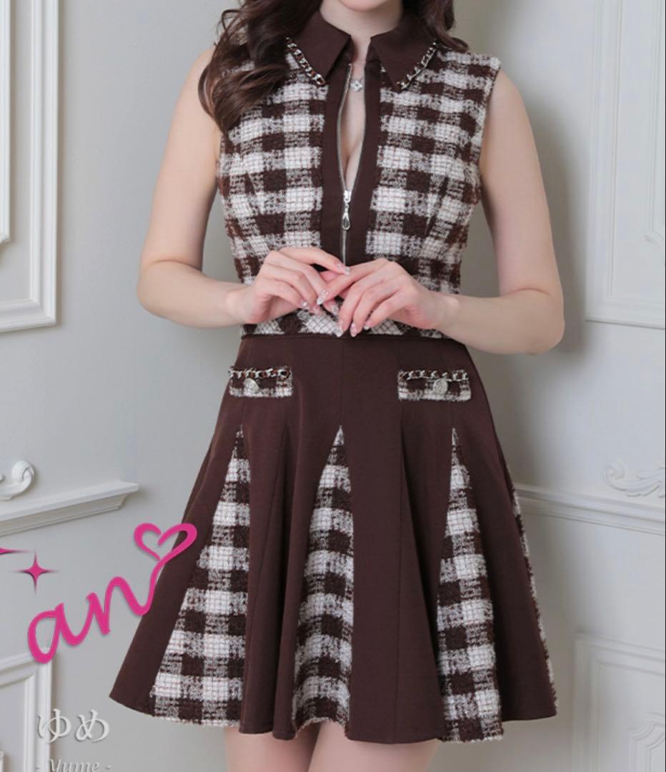 極美品！完売品！an ジップアップ　チェック　襟ノースリーブ フレアミニドレス