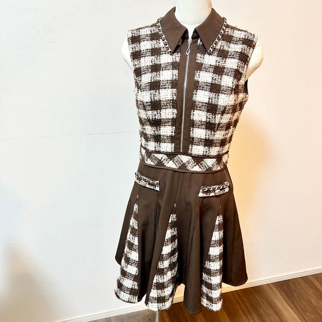 極美品！完売品！an ジップアップ　チェック　襟ノースリーブ フレアミニドレス