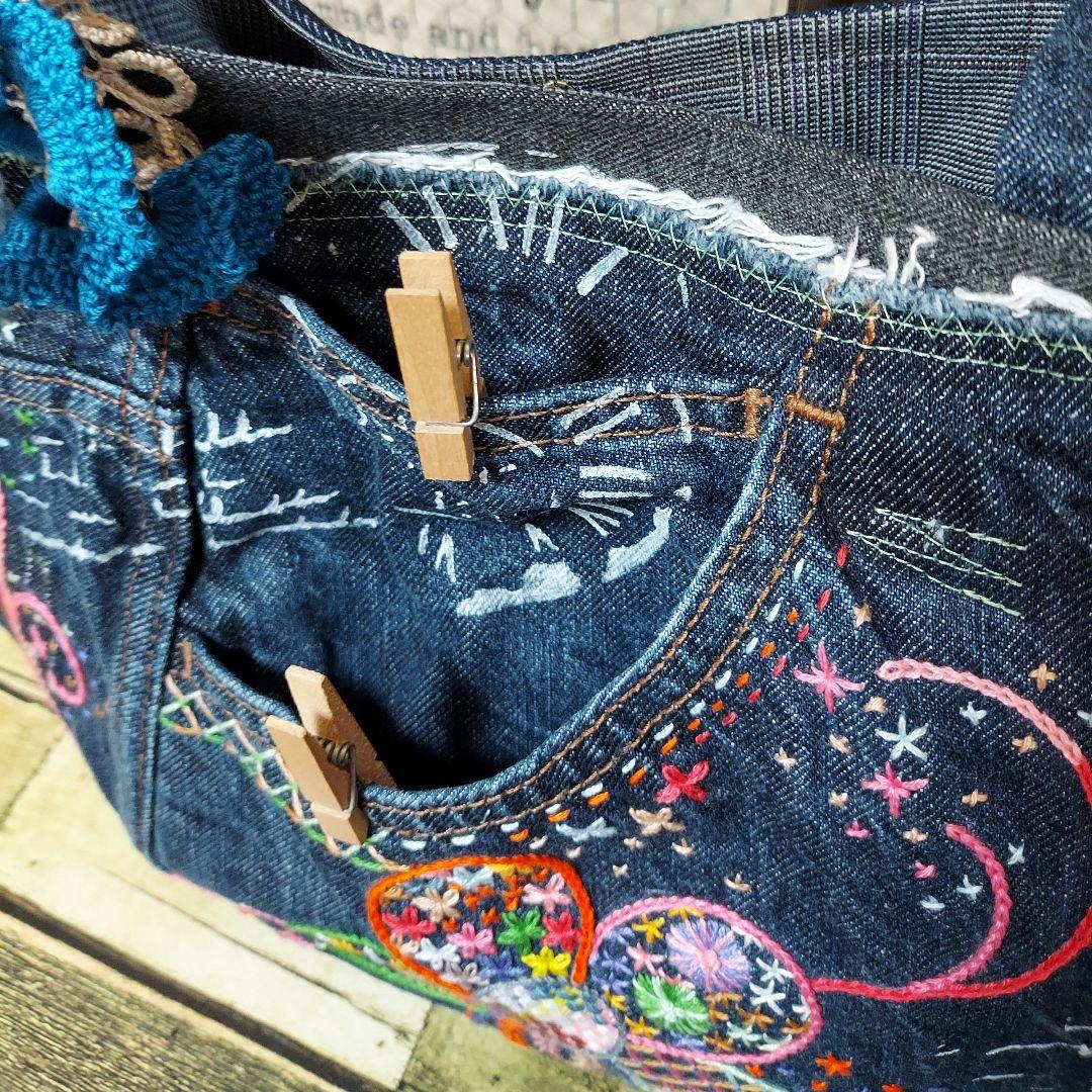 刺繍デニムバック　No.667　デニムリメイク　チューリップバック　刺繍バック