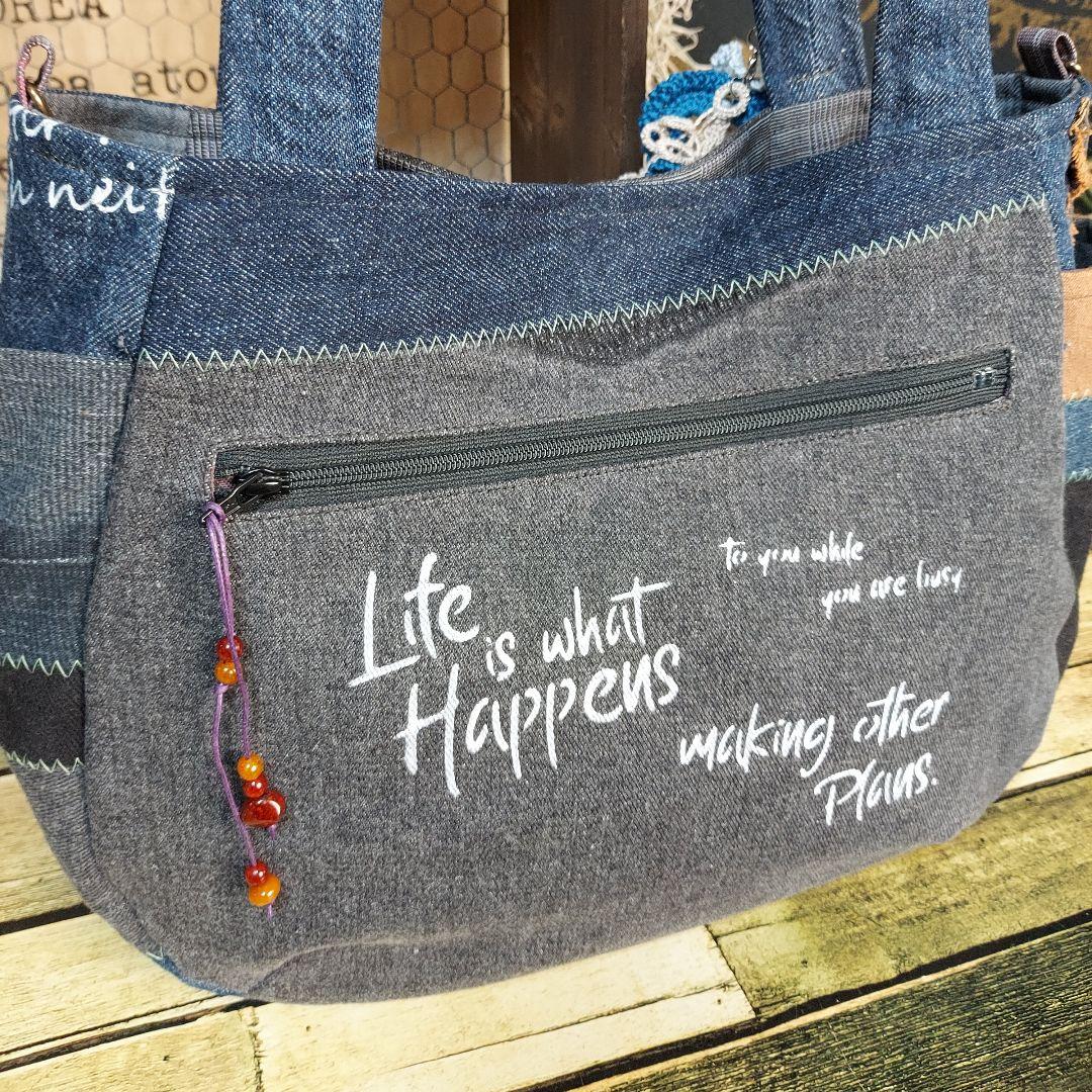 刺繍デニムバック　No.667　デニムリメイク　チューリップバック　刺繍バック