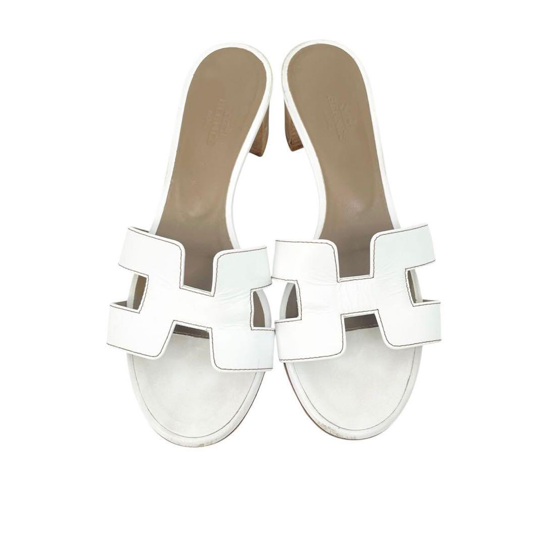 美品 エルメス オアジス レザー ミュール 白 36.5 Hロゴ レディース