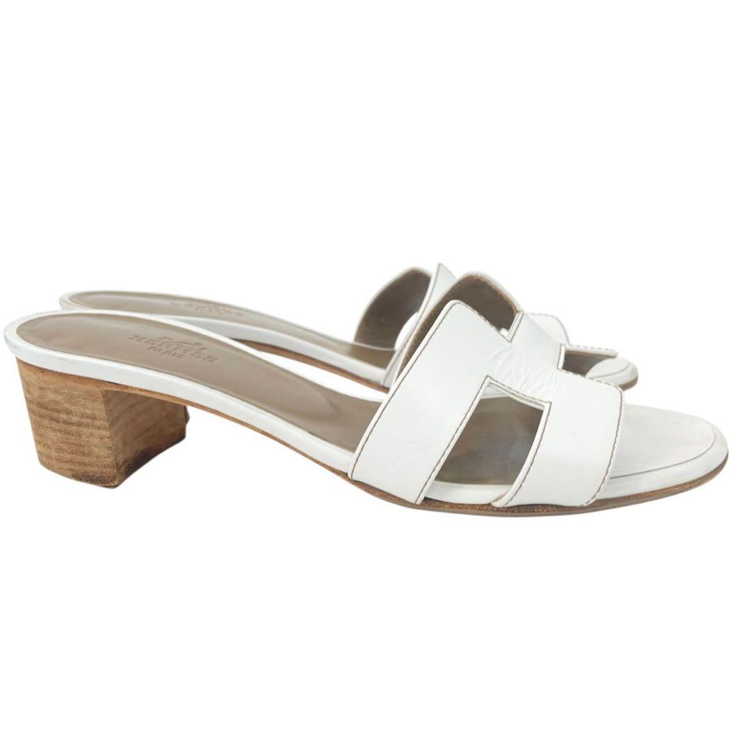 美品 エルメス オアジス レザー ミュール 白 36.5 Hロゴ レディース