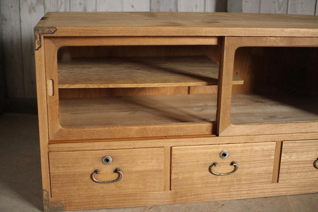 古いガラス戸棚×木製小引き出し3杯　ローチェスト　食器棚　古家具