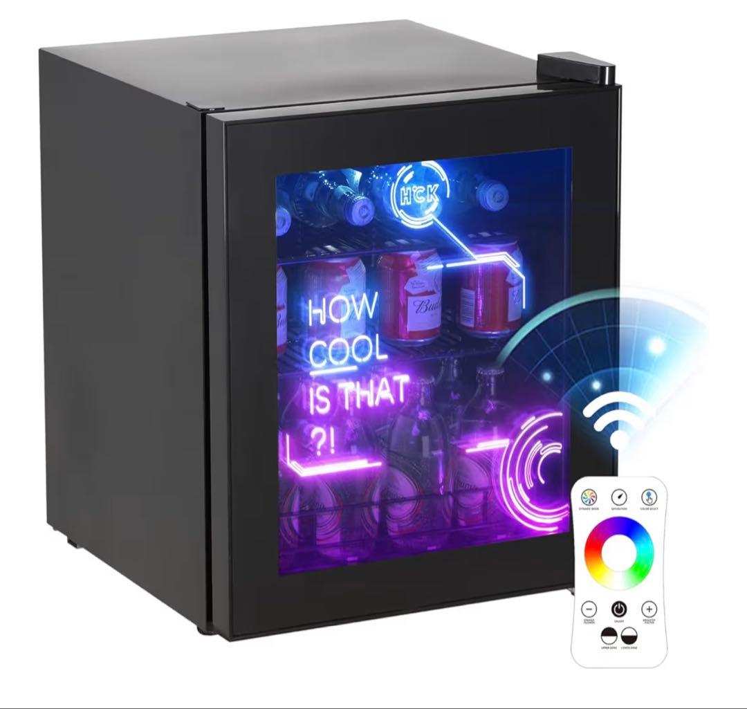 【セール】HCK 冷蔵庫 44L ドリンク用RGB LEDネオン 透明ガラスドア