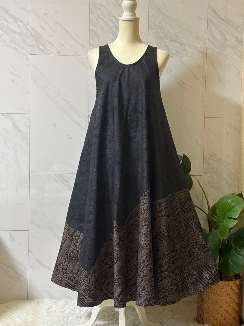 1-15大島紬リメイク　大島紬ロングワンピース　大島紬ジャンパースカート