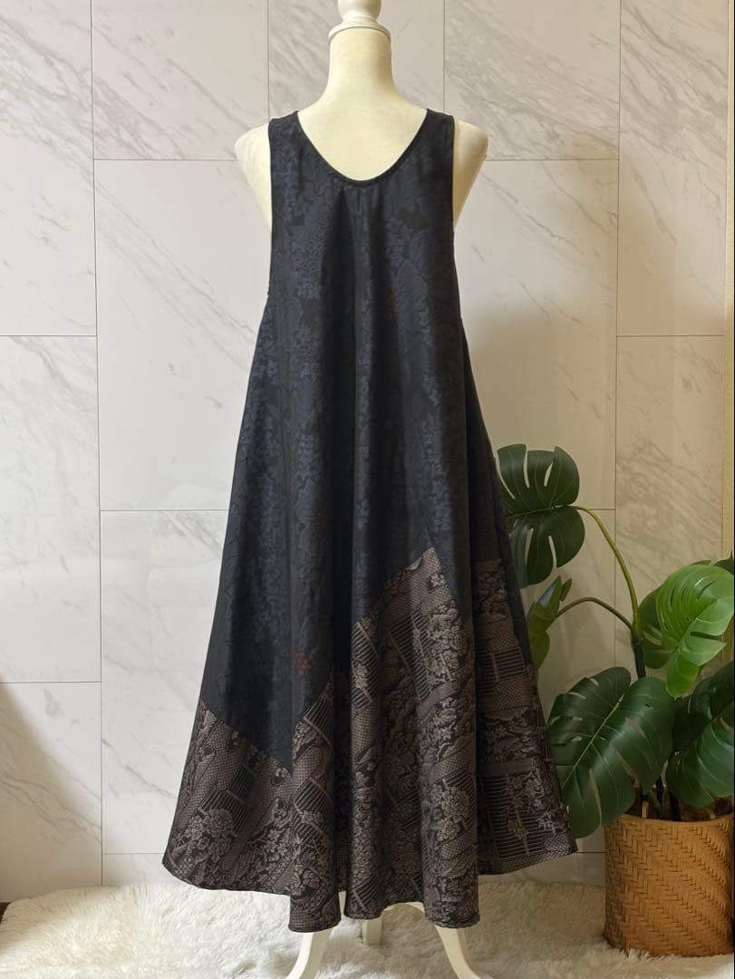 1-15大島紬リメイク　大島紬ロングワンピース　大島紬ジャンパースカート