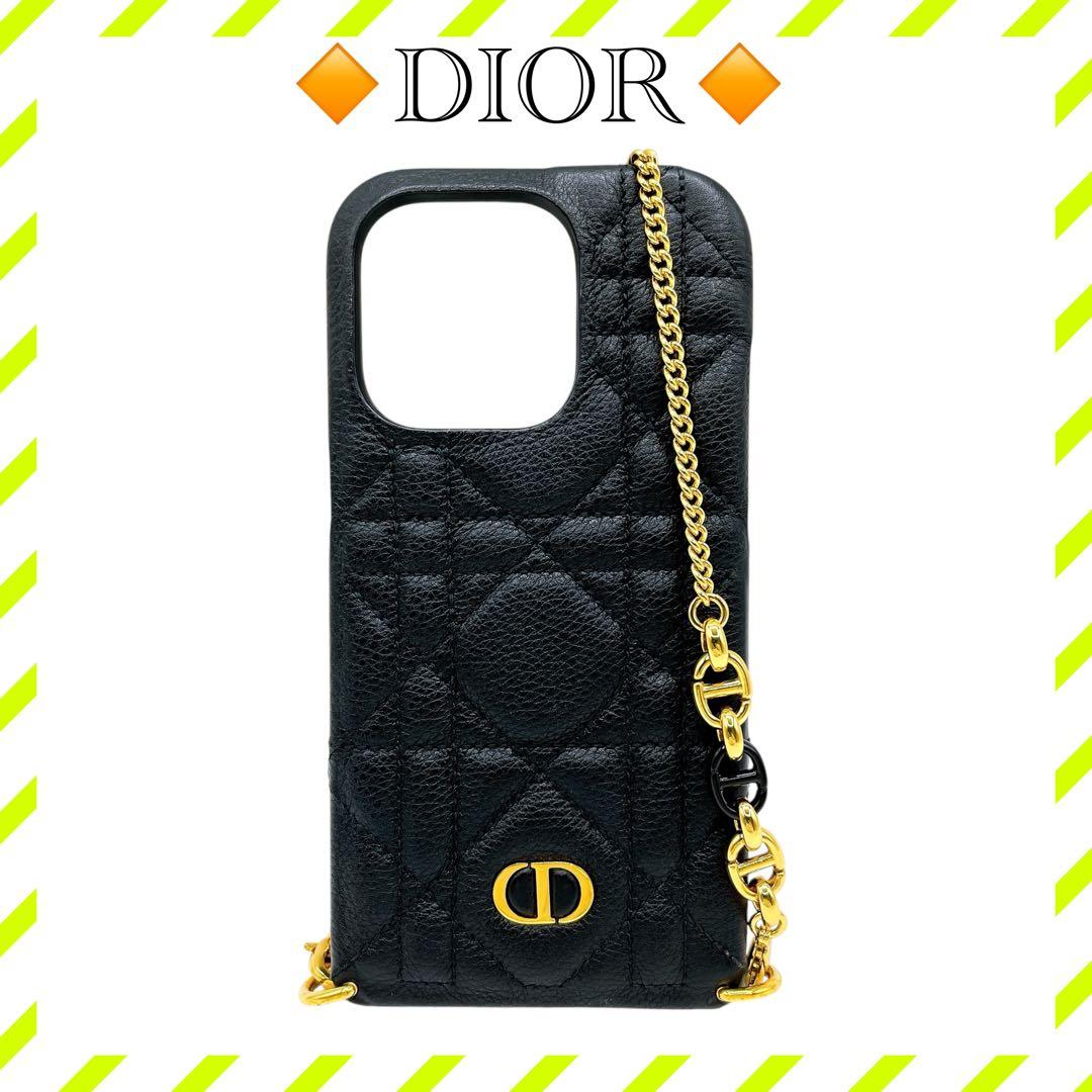 美品 ディオール カナージュ 14 Pro iPhoneケース チェーン 黒 金