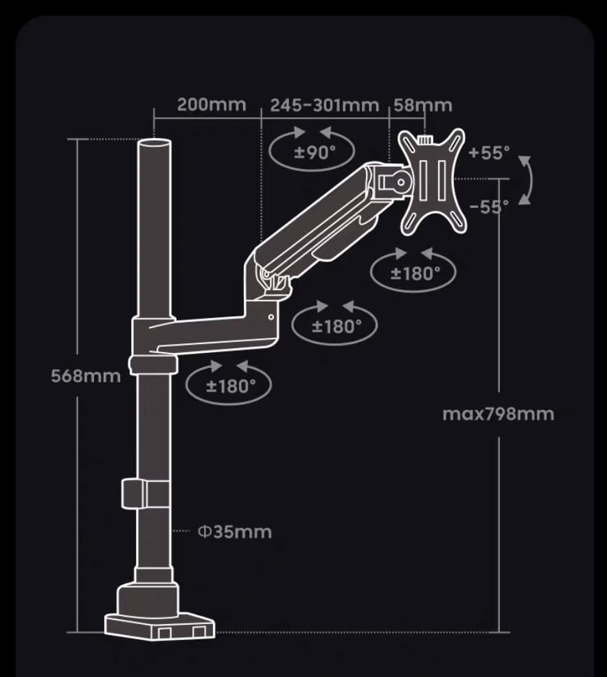ガススプリング式 モニターアーム／ブラック