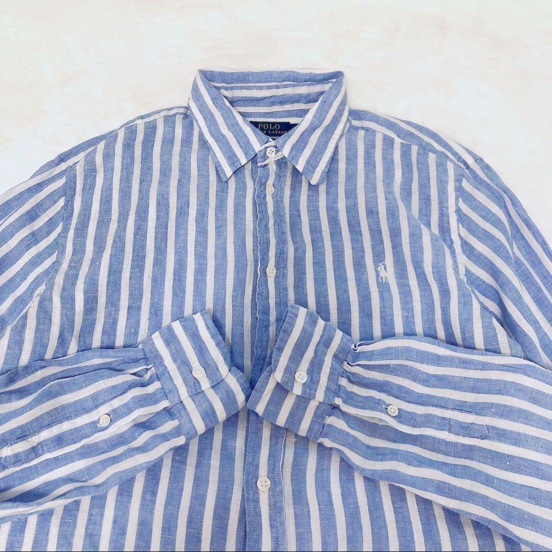 RALPH LAUREN ラルフローレン　ストライプ　リネンシャツ　ブルー　M