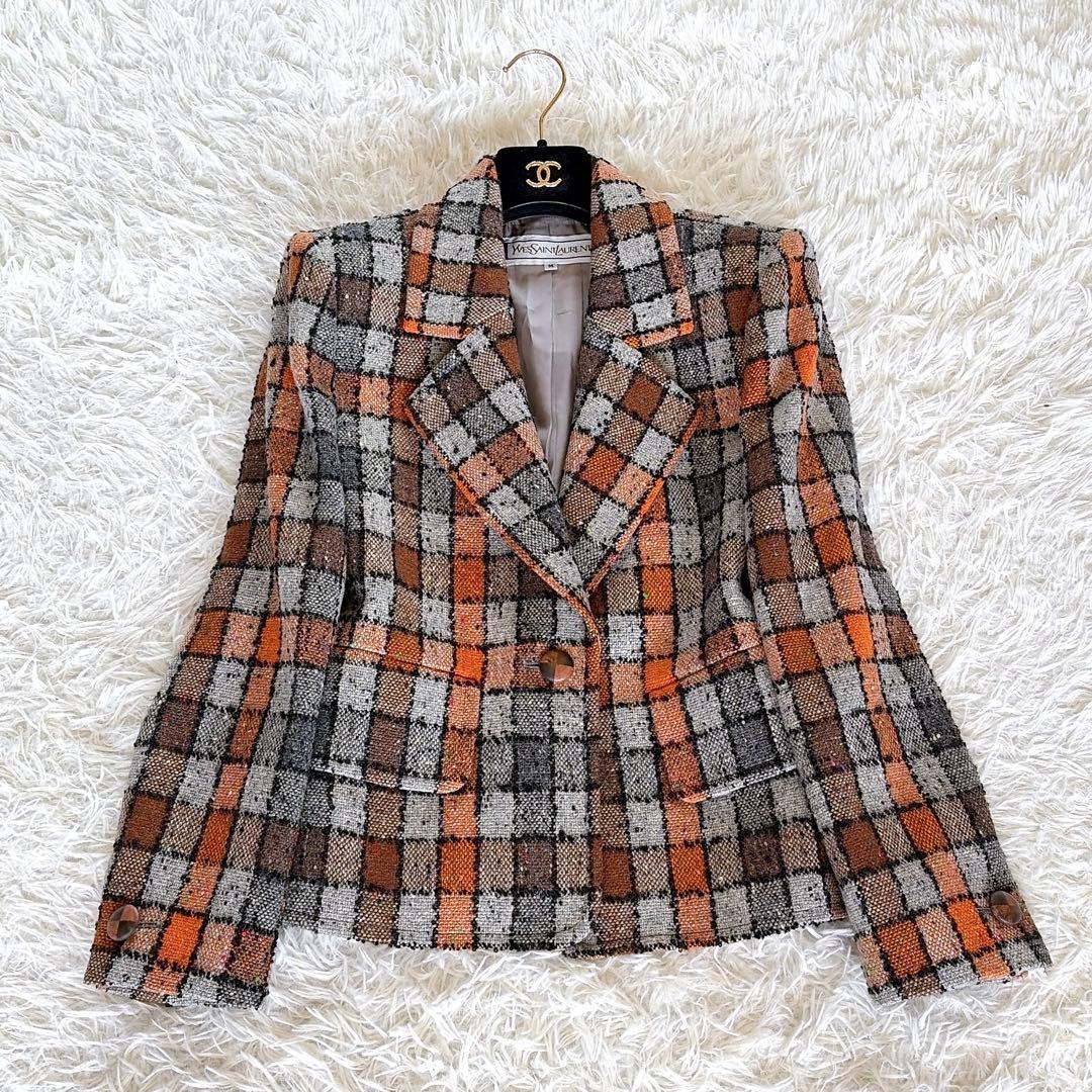 希少✨美品【イヴサンローラン】ツイードジャケット ブロックチェック オレンジM