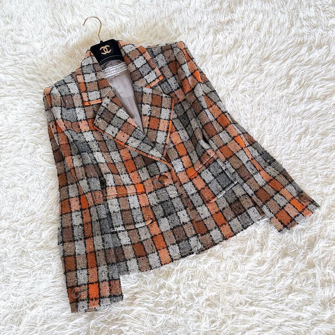 希少✨美品【イヴサンローラン】ツイードジャケット ブロックチェック オレンジM