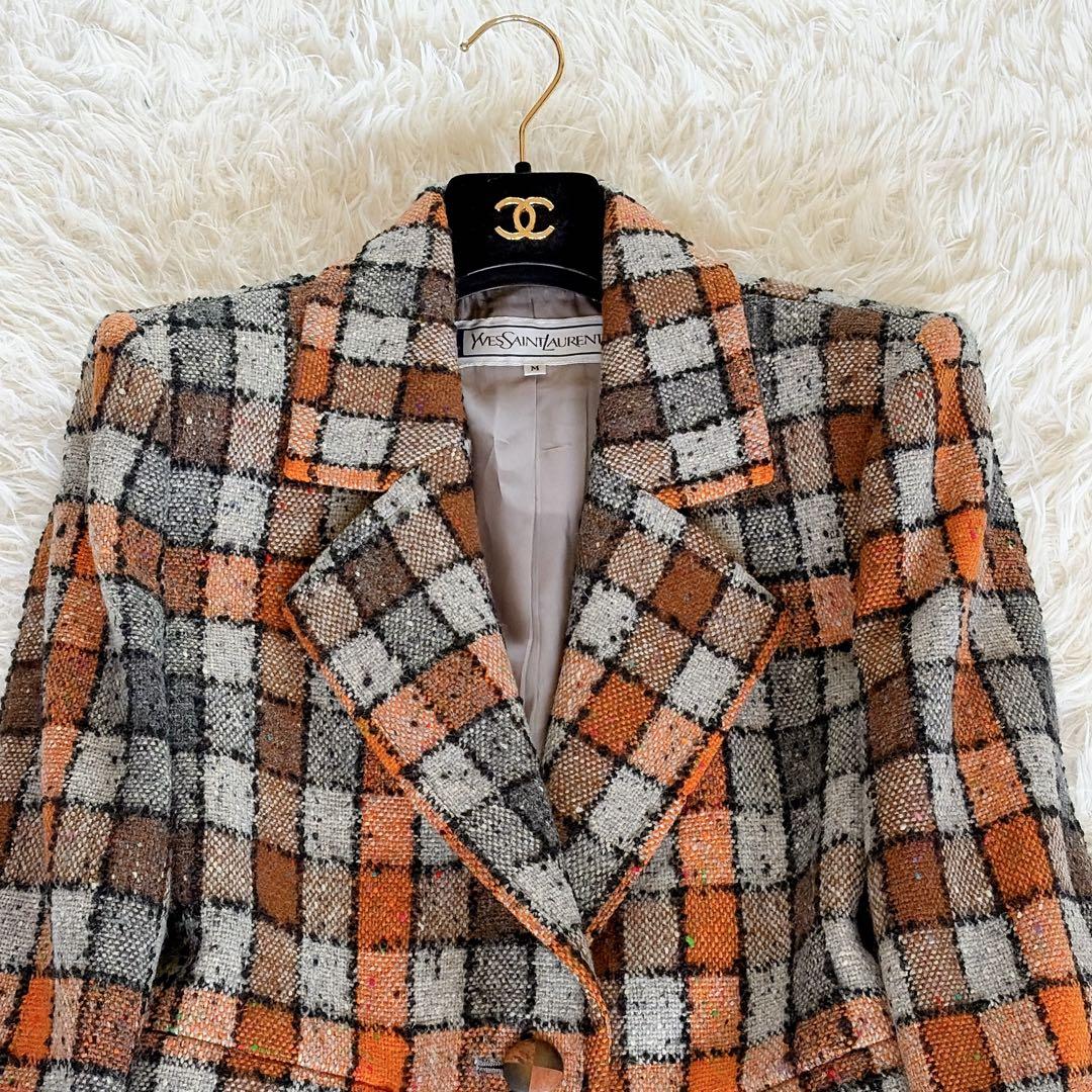 希少✨美品【イヴサンローラン】ツイードジャケット ブロックチェック オレンジM