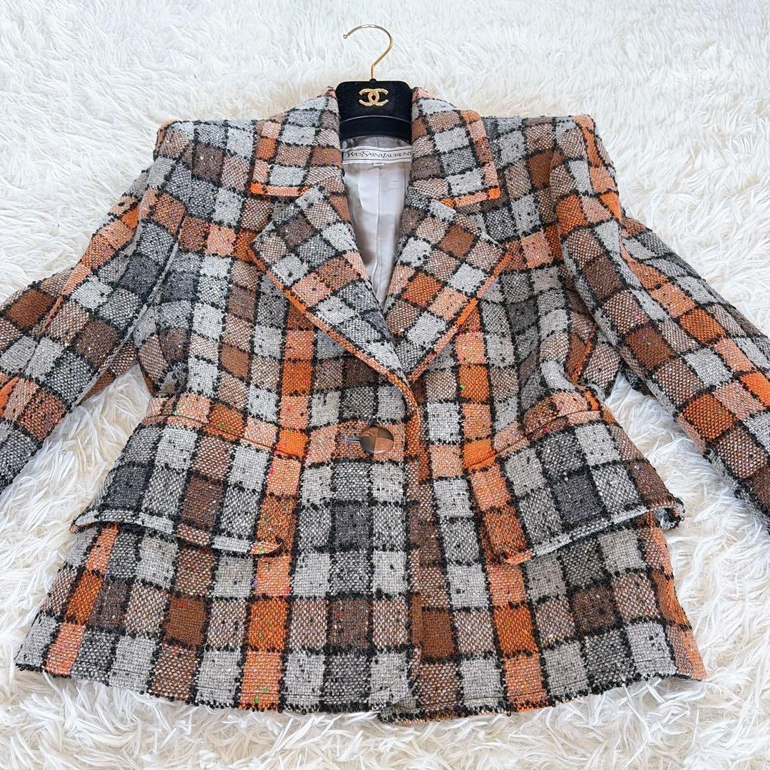 希少✨美品【イヴサンローラン】ツイードジャケット ブロックチェック オレンジM