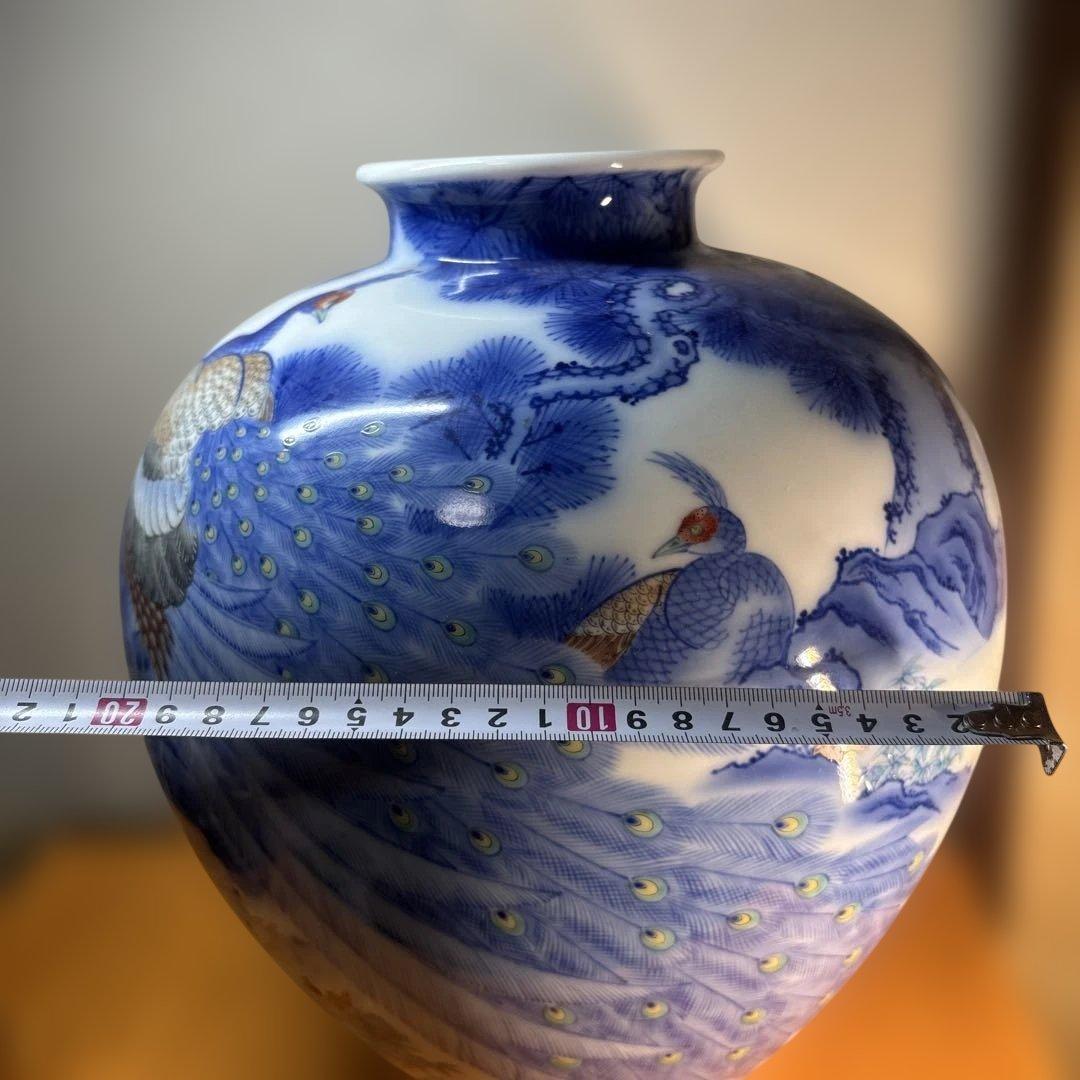 希少 美品 香蘭社 色絵孔雀山水文大花瓶　壺 34cm