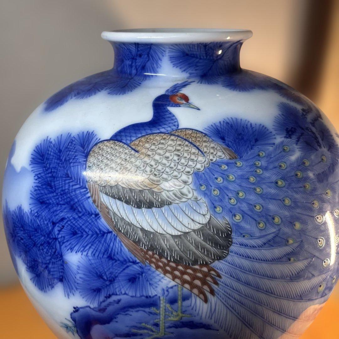 希少 美品 香蘭社 色絵孔雀山水文大花瓶　壺 34cm