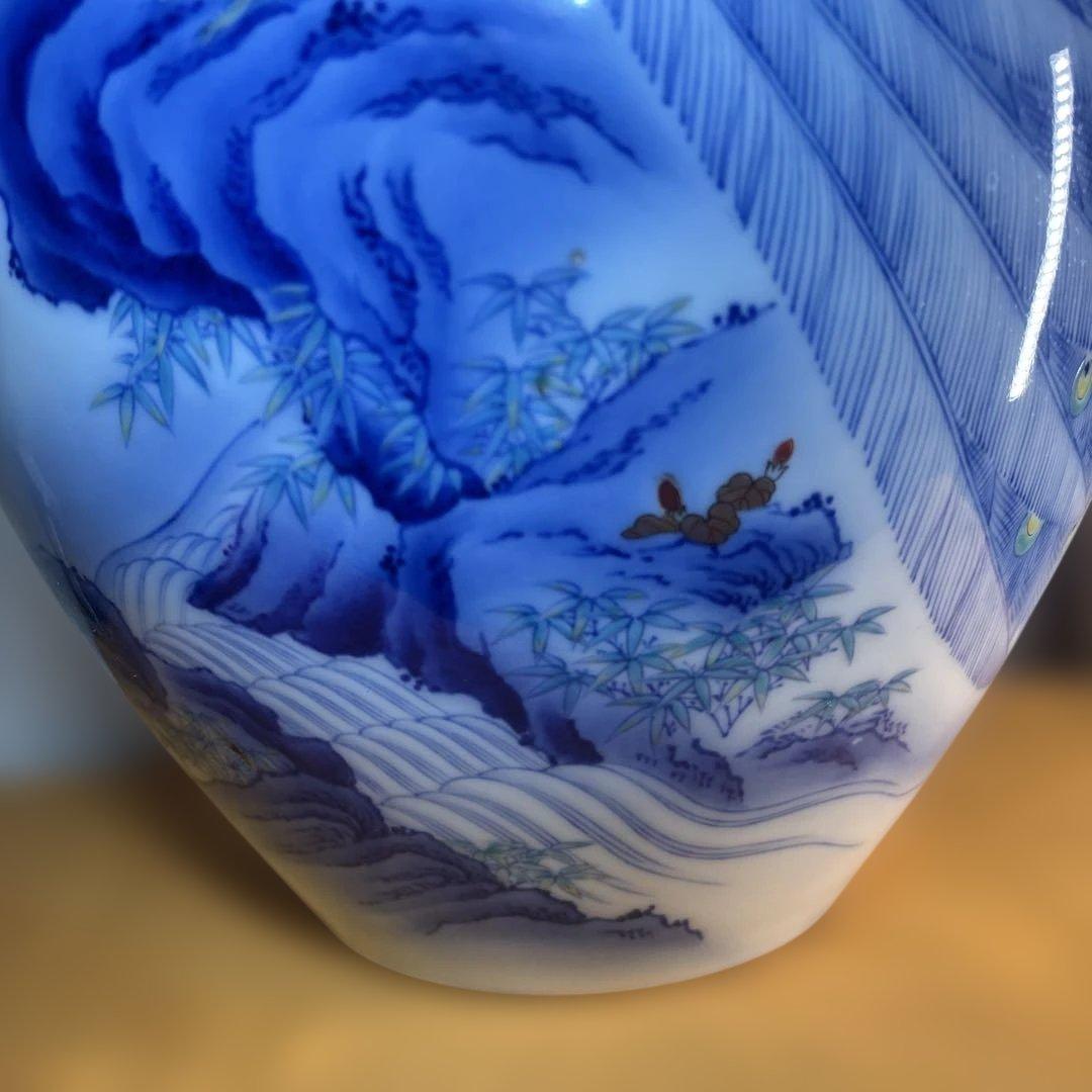 希少 美品 香蘭社 色絵孔雀山水文大花瓶　壺 34cm