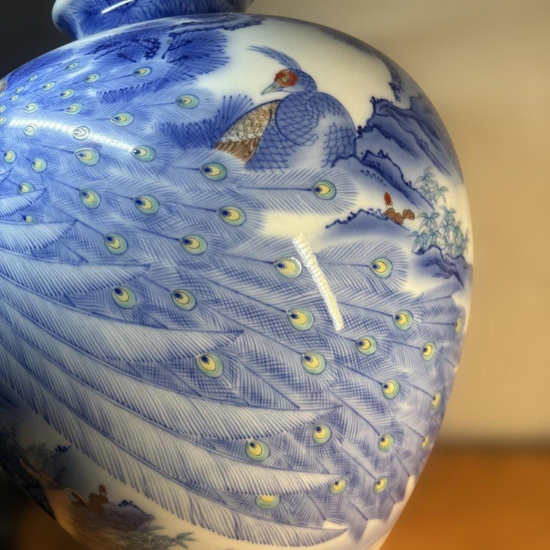 希少 美品 香蘭社 色絵孔雀山水文大花瓶　壺 34cm