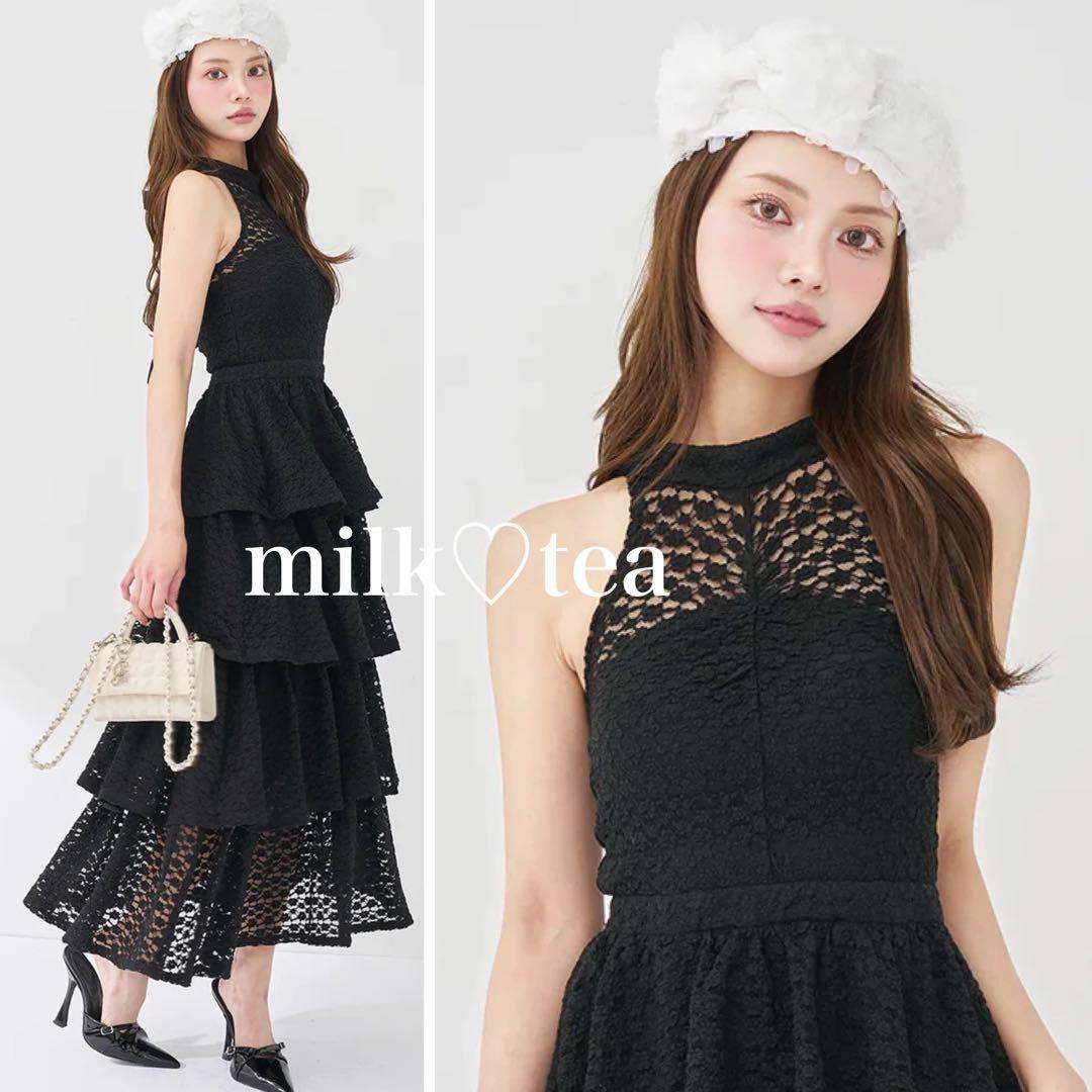 新品タグ付き ダーリッチ バックリボンフラワーレースティアードロングドレス 黒