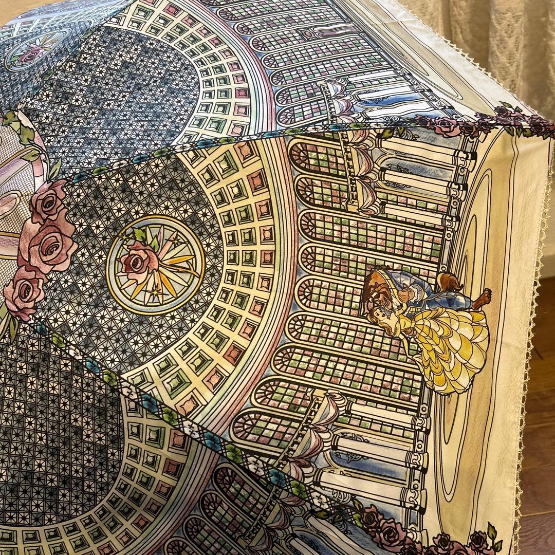 美品　美女と野獣　長傘　傘　長さ2段階　晴雨兼用　ディズニー　ステンドガラス風