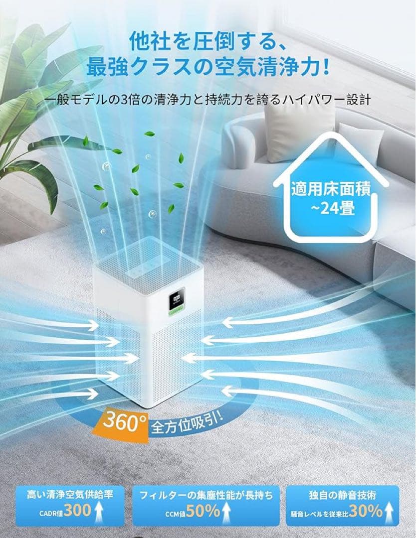 空気清浄機 静音 24畳 ペット消臭 アロマ 省エネ 3段風量設定 AI風速調整