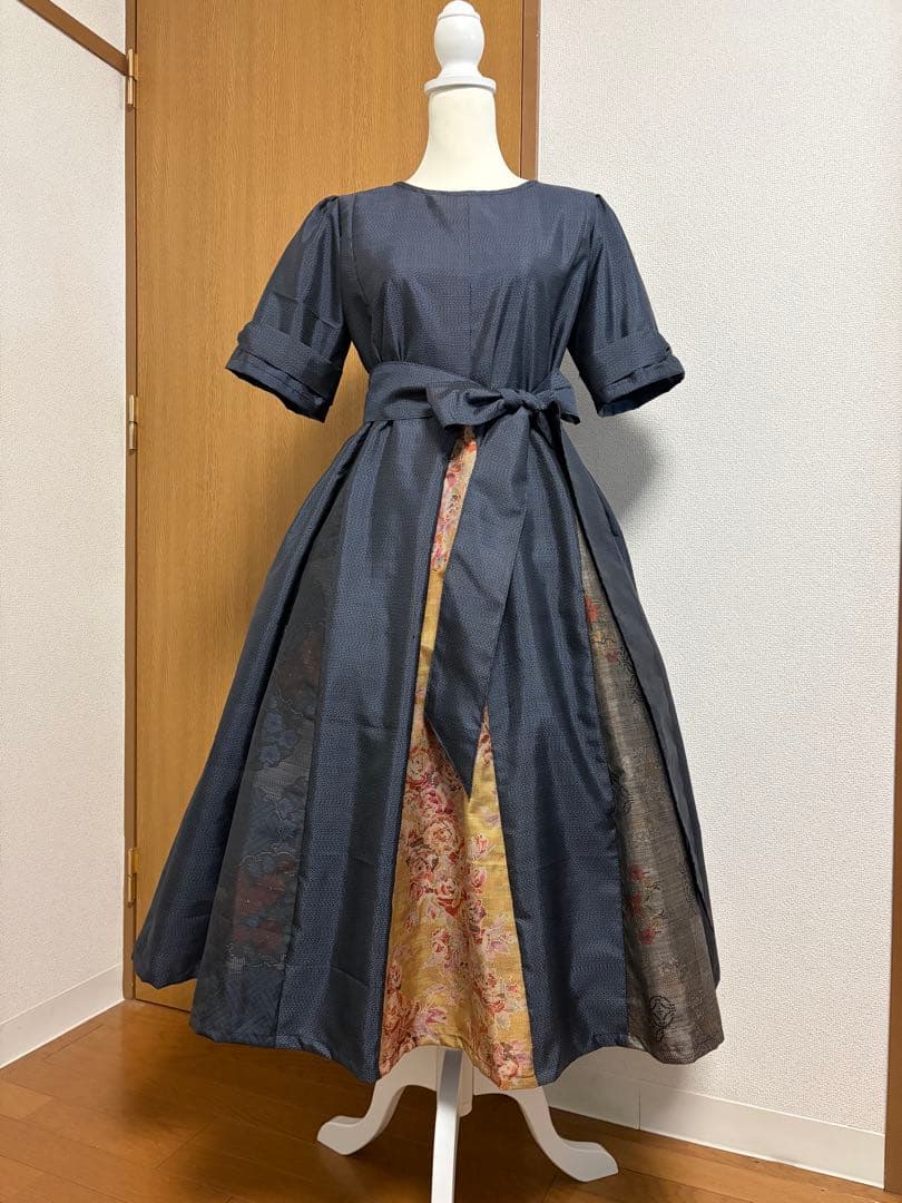 着物リメイク　大島紬　パッチワンピース　MーL リボン袖　裏地付き　薔薇柄
