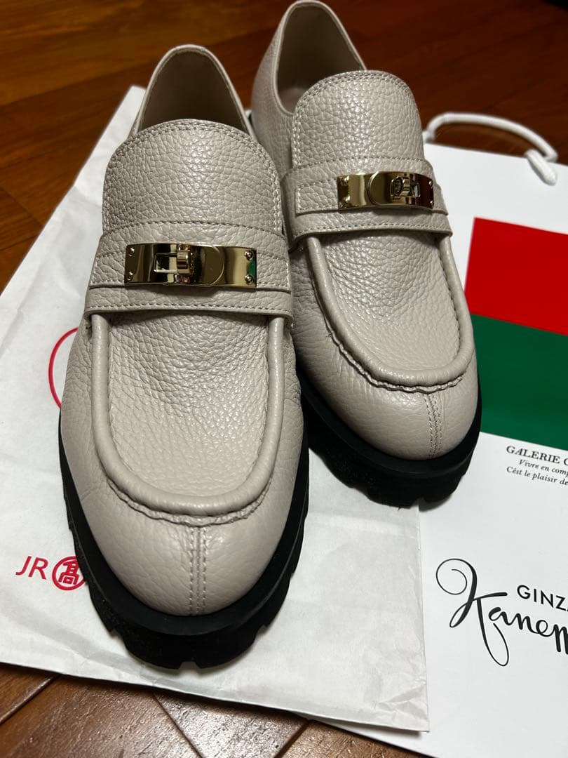 銀座かねまつ ライトグレー レザー ローファー 25cm E