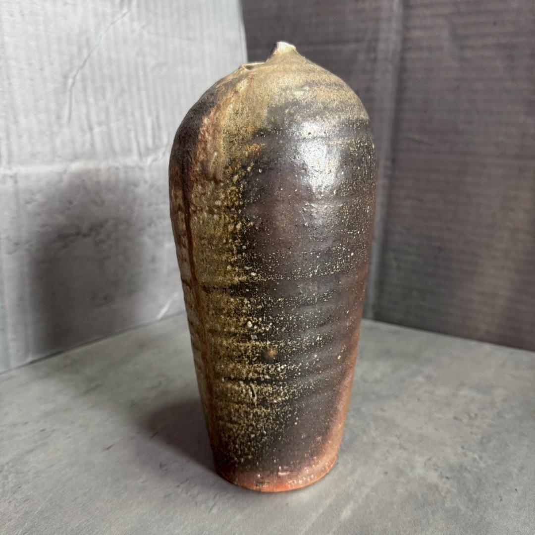 【共箱・共布付】備前焼 山本出 作 流胡麻貝形一輪花入 人間国宝系譜 備前 花器