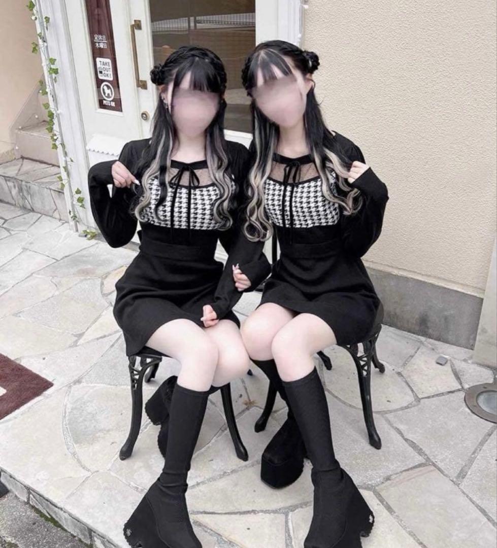 ミシェルマカロン イモちゃん コラボ　デコルテオープン千鳥ワンピース