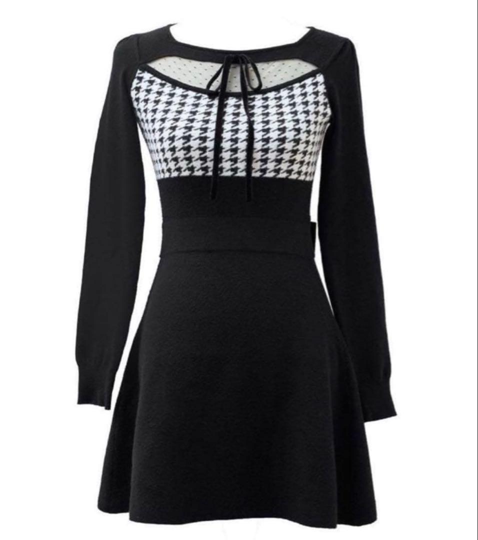 ミシェルマカロン イモちゃん コラボ　デコルテオープン千鳥ワンピース