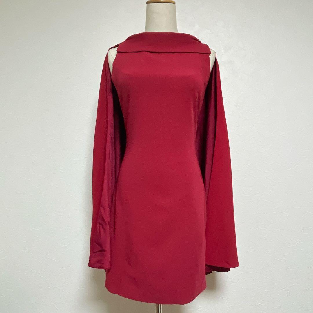 【美品】アリスアンドオリビア オフショルダーケープ付タイトワンピース M 赤