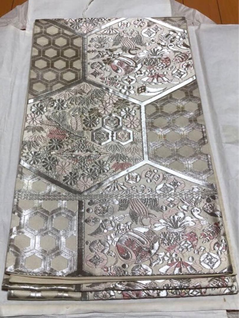 三松　銀 ピンク　六角形模様 袋帯