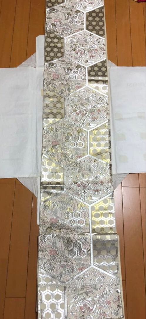 三松　銀 ピンク　六角形模様 袋帯