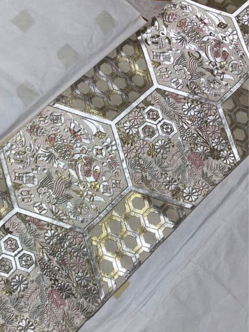 三松　銀 ピンク　六角形模様 袋帯