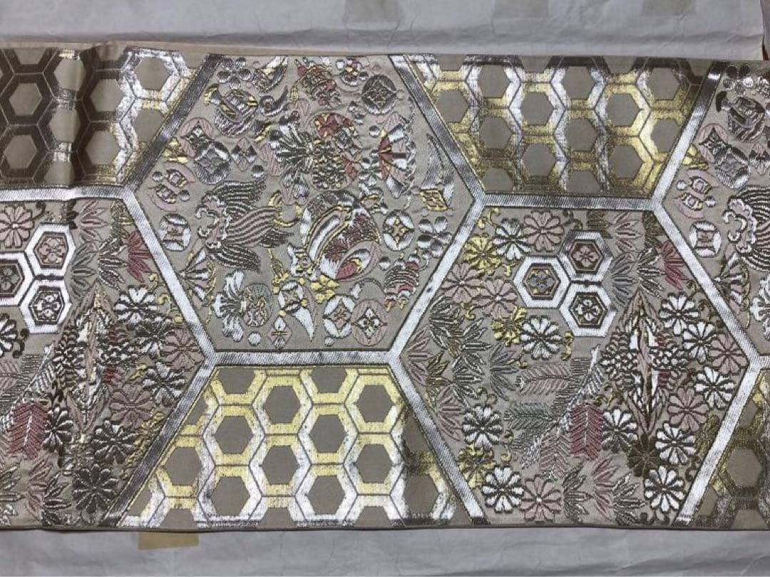 三松　銀 ピンク　六角形模様 袋帯