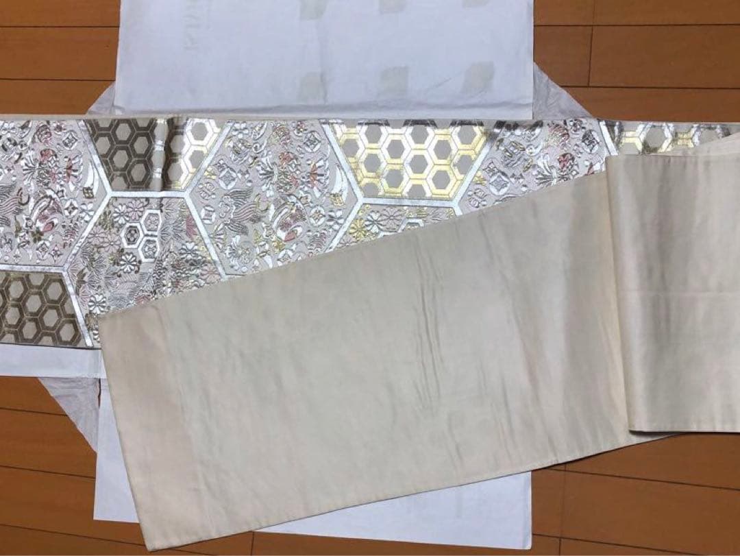 三松　銀 ピンク　六角形模様 袋帯