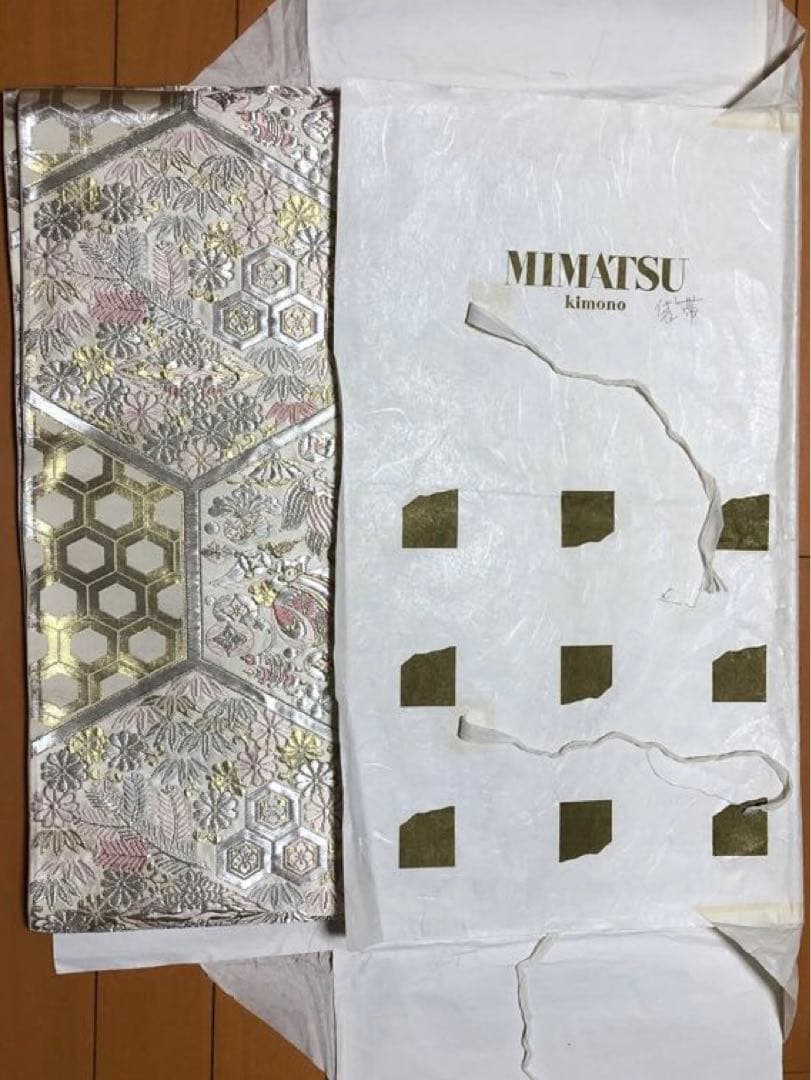 三松　銀 ピンク　六角形模様 袋帯