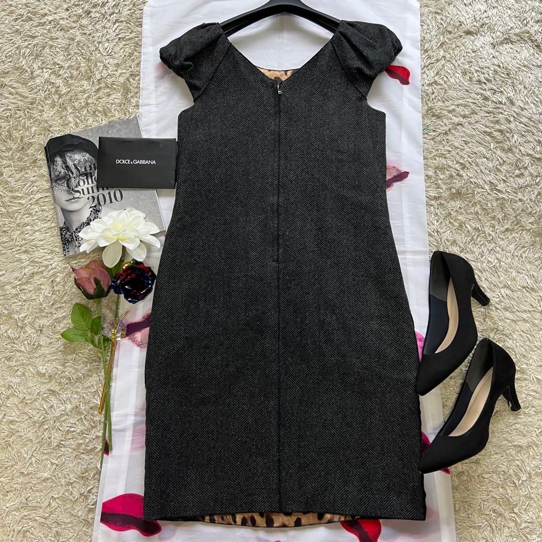 【美品】DOLCE & GABBANA 膝丈ワンピース レオパード グレー 38