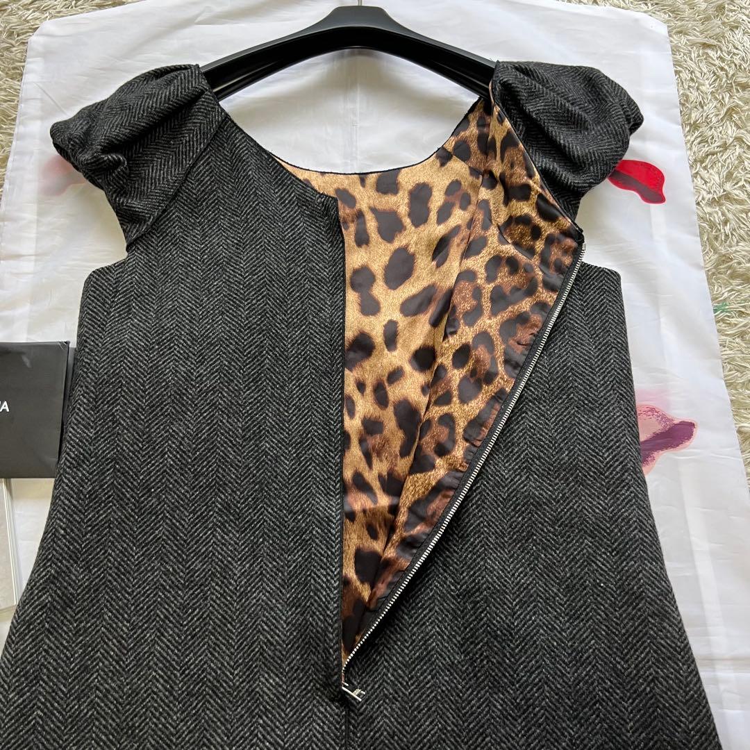 【美品】DOLCE & GABBANA 膝丈ワンピース レオパード グレー 38