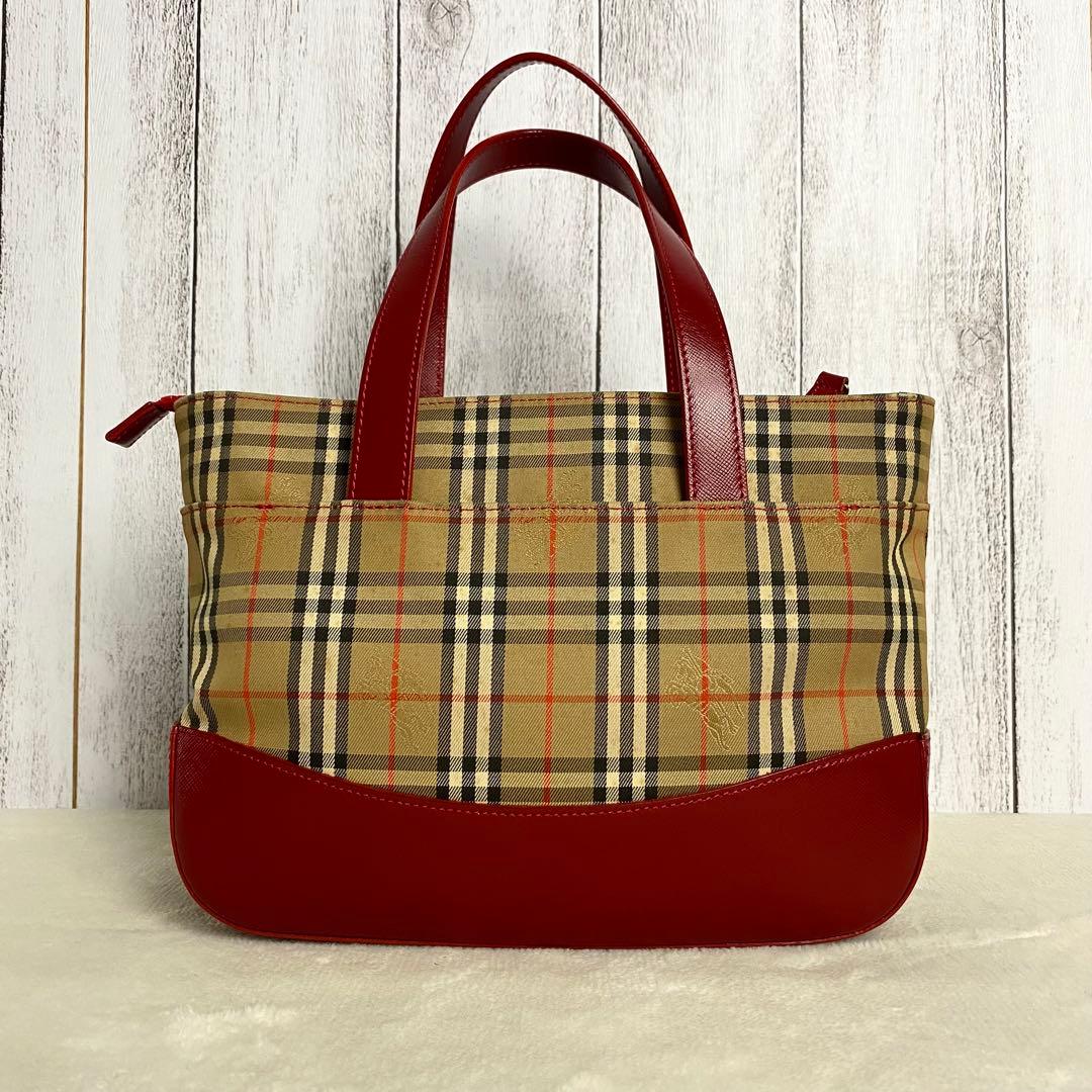 【定番人気】バーバリー ハンドバッグ キャンバス ノバチェック レッド チャーム