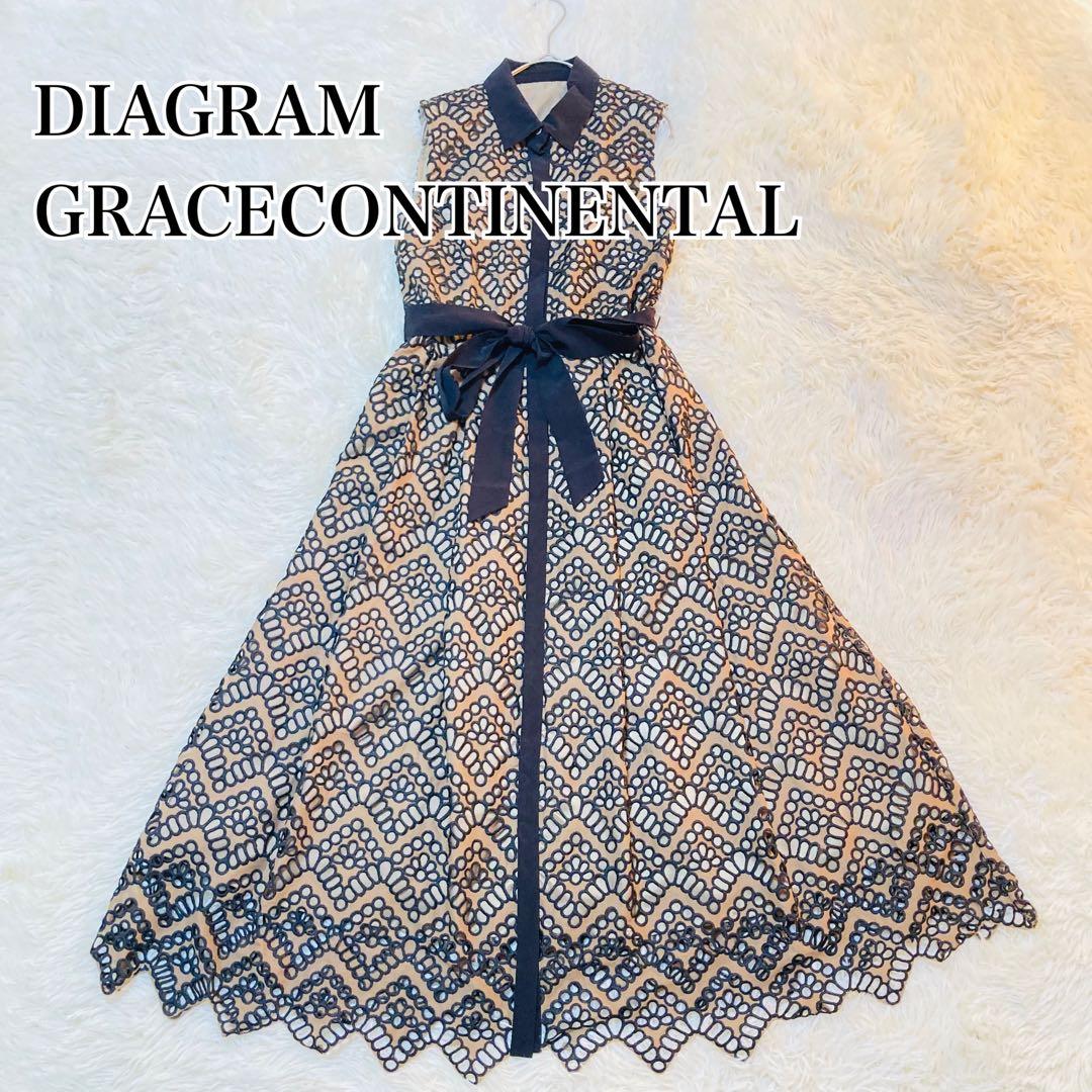 美品 ダイアグラム Aライン 総柄 刺繍 ベルト ノースリーブ ワンピース 36
