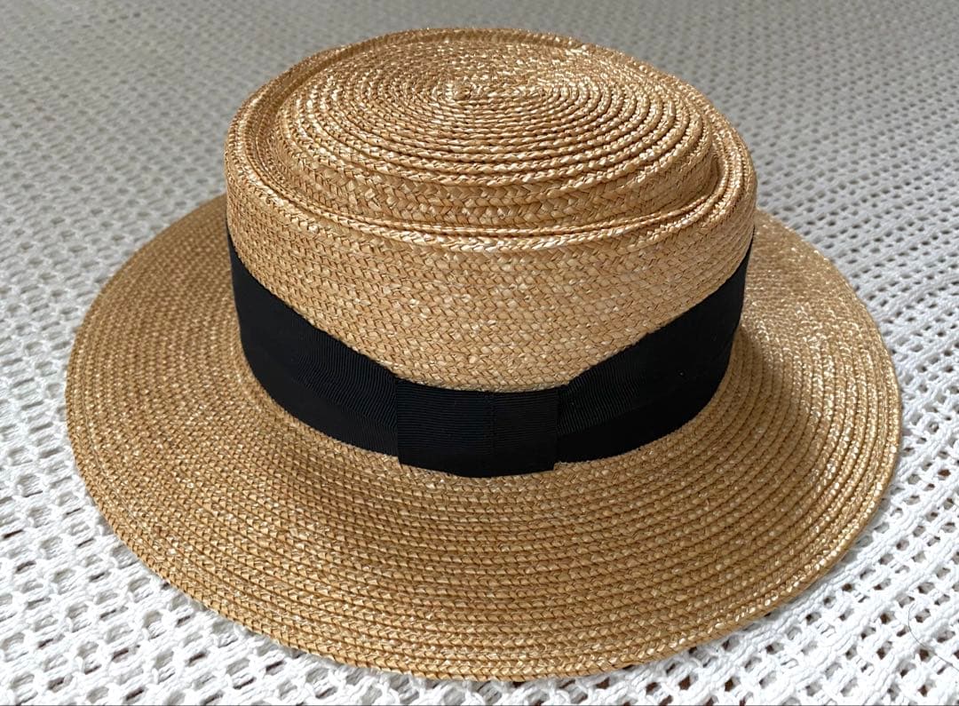 【美品】田中帽子店　アルマ　カンカン帽　黒リボン