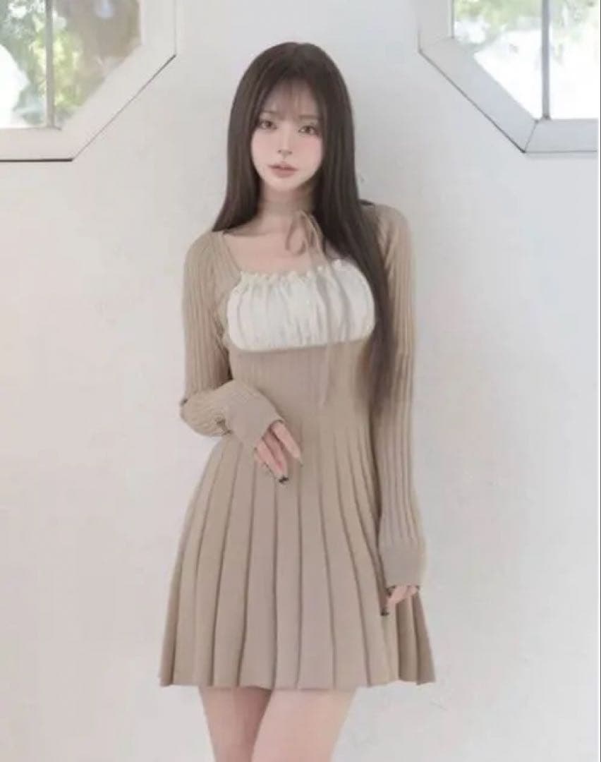 Darich ネックリボンデザインフレアニットミニワンピース free ベージュ