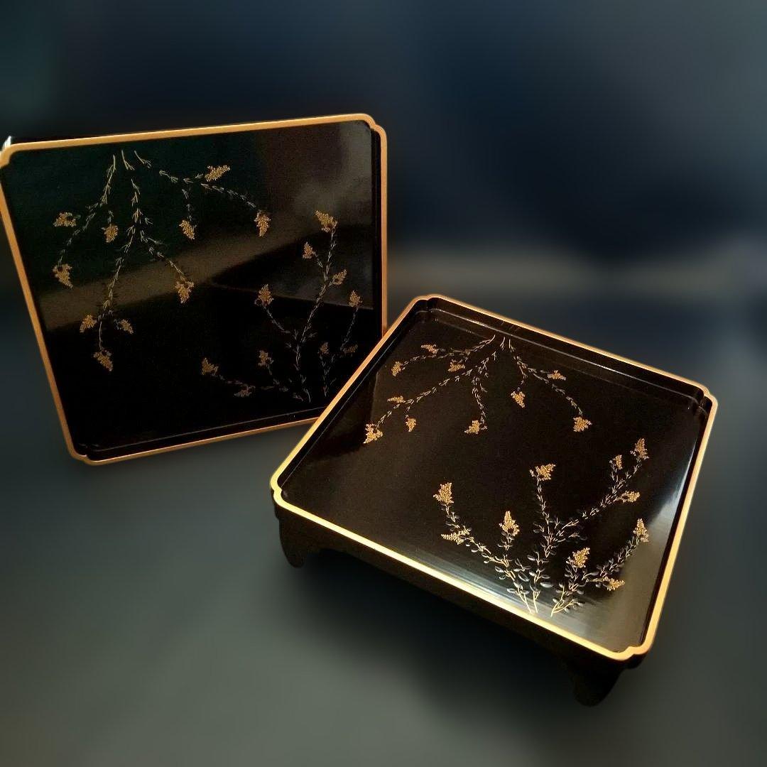 能登輪島塗　時代漆塗 膳 黒地 萩金蒔絵金　漆器　お膳　2客