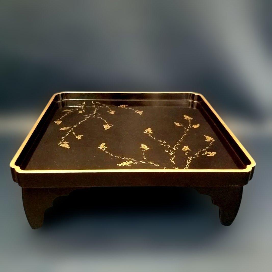 能登輪島塗　時代漆塗 膳 黒地 萩金蒔絵金　漆器　お膳　2客