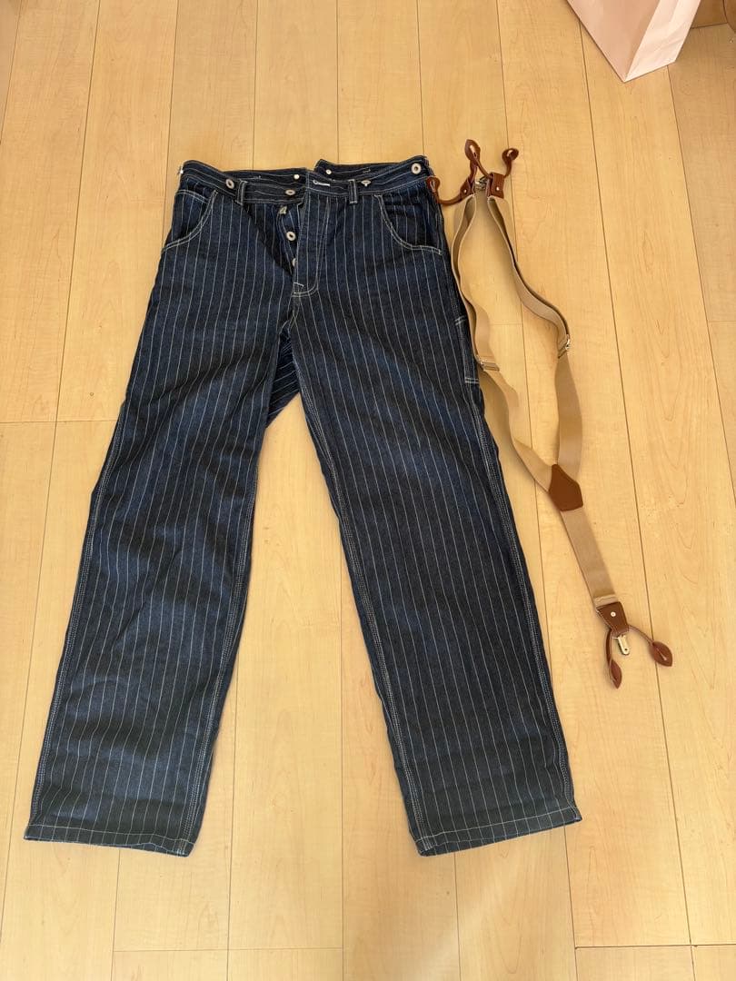 karakuストライプ柄 ワークパンツ サスペンダー付きウォバッシュ